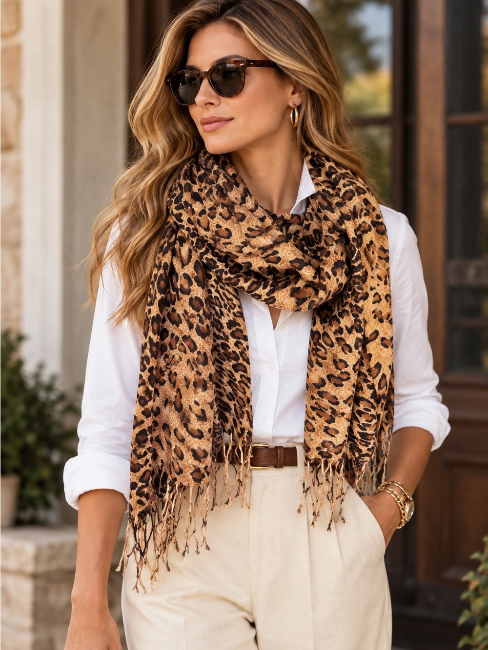Leopard Print Safari Fringe Scarf - Tan and Brown 26x70